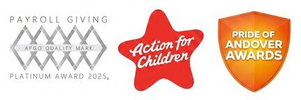 Logos side-by-side: Payroll Giving Quality Mark Platinum Award 2025 badge; Action for Children red star logo; Pride of Andover Awards orange shield emblem.
