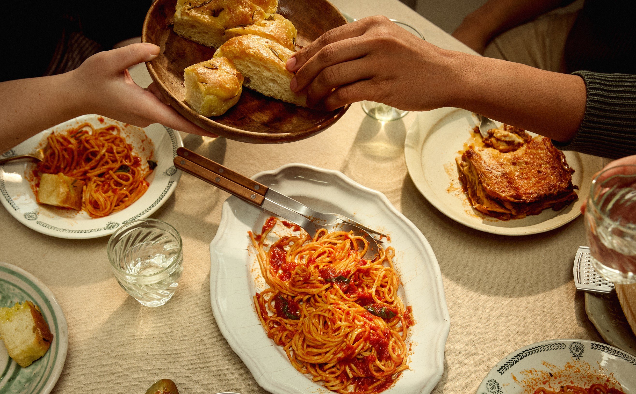 Angela Hartnett range of food including lasagna, break and spaghetti