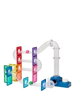 Transparent toy marble run build assembled using colorful magnetic tiles in red, orange, yellow, green, and purple, featuring clear tubing and a blue launcher mechanism at the base.
