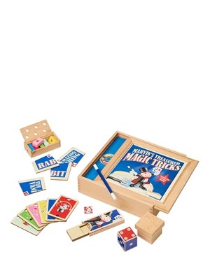 Marvin's Treasured Magic Tricks wooden box set displayed on a white background with components spread out, including a magic wand, trick cards, a wooden box, a oversized die, and instruction materials.