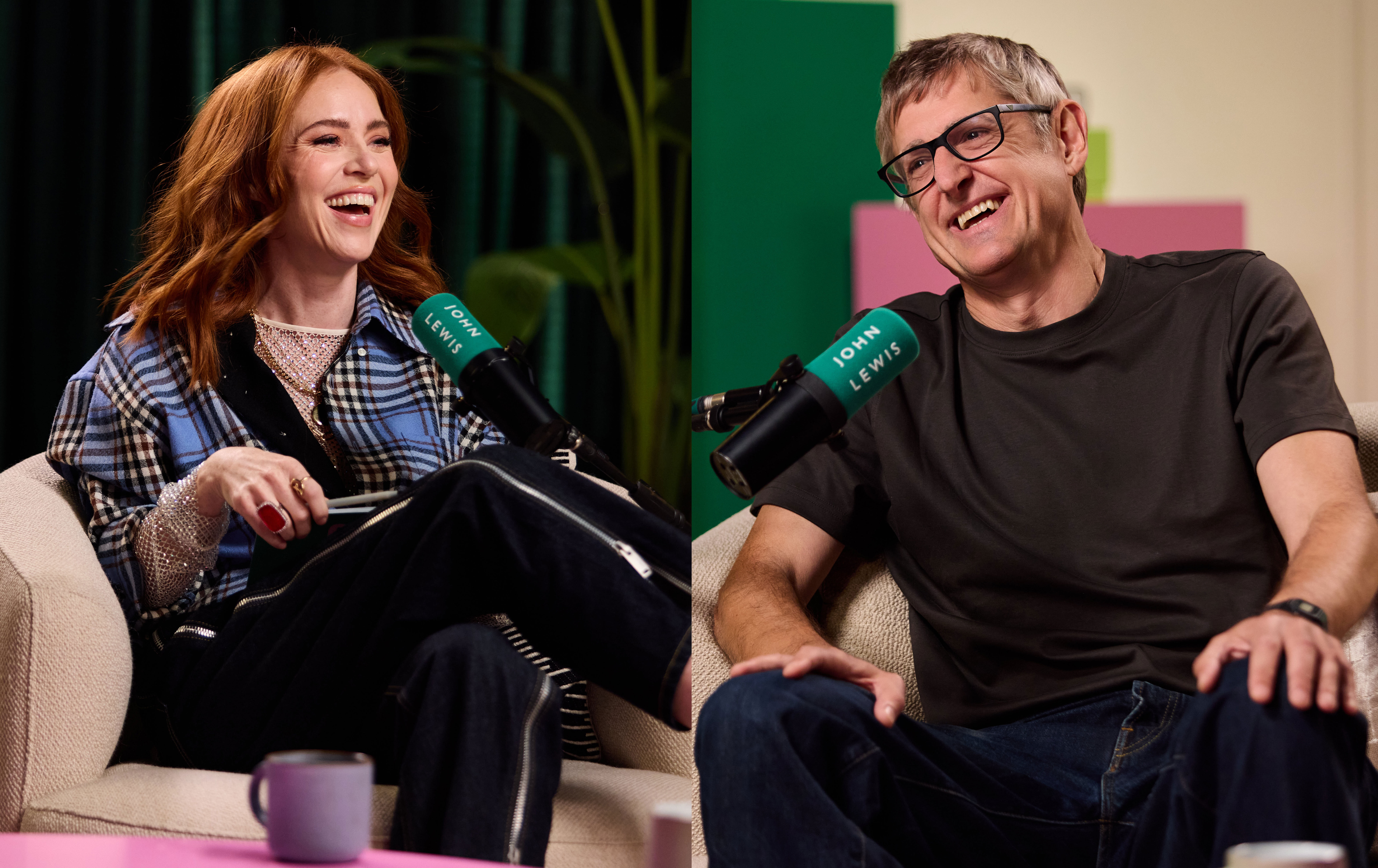 Angela Scanlon and Louis Theroux seated in armchairs, both smiling and laughing into John Lewis branded microphones.
